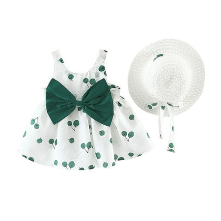 

XINSHIDE Hat Kids Princess Cherry Baby Outfits Girls Sleeveless Bow Toddler Dresses Girls Outfits Set Baby Girl Clothes