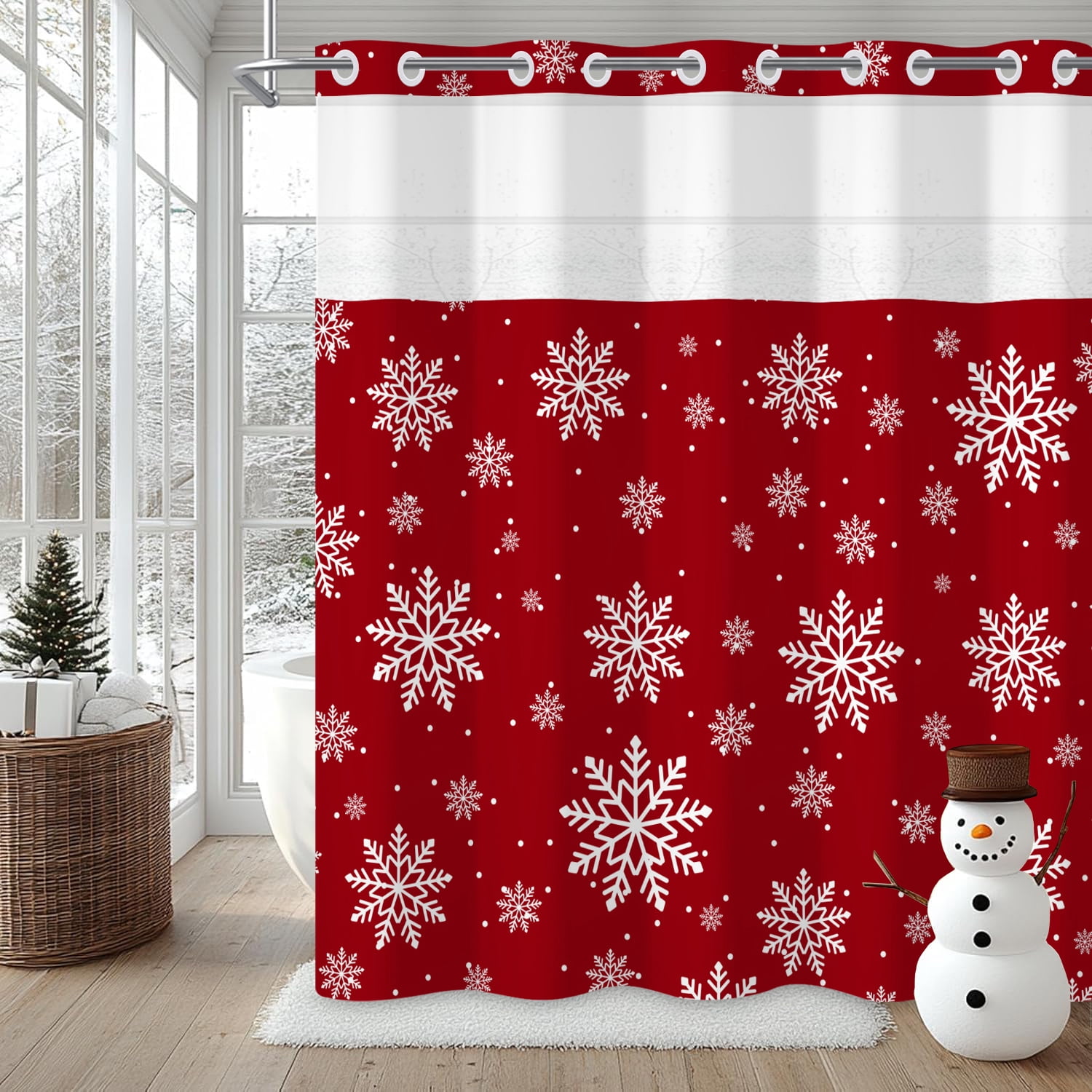 Mizhona White Snowflakes Hookless Shower Curtain with Snap in Liner，Red No Hooks Fabric Bath Curtain,71"× 74"
