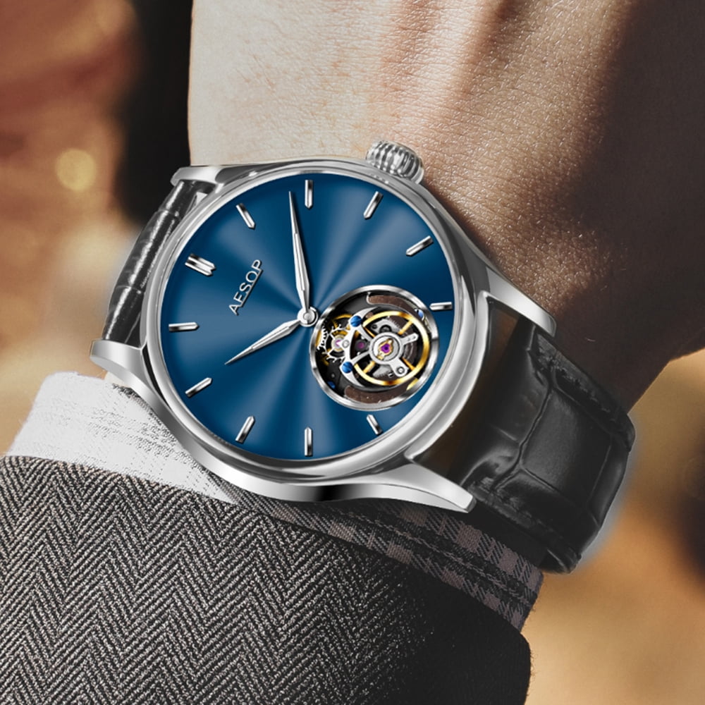 2025 AESOP 100% Tourbillon Mechanical Watch For Men Silver Steel Belt BUSINESS Fashion Mens Watches Manual Mechanical Waterproof