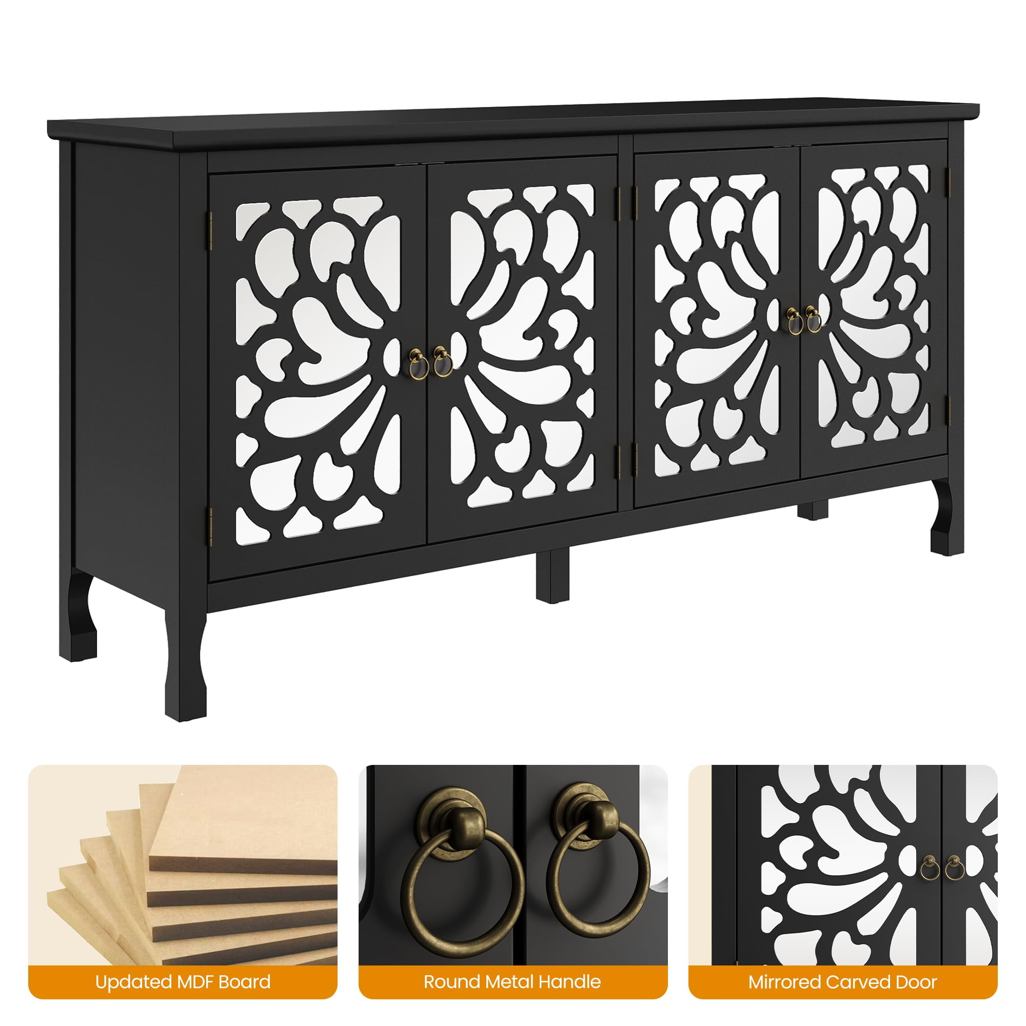 CozyHome 63" Carved Buffet Cabinet with Mirrored Door, Modern Console Cabinet with Storage and Adjustable Shelves, Wood Media Cabinet for Entryway, Living Room, Bedroom, Dining Room, Bathroom (Black)