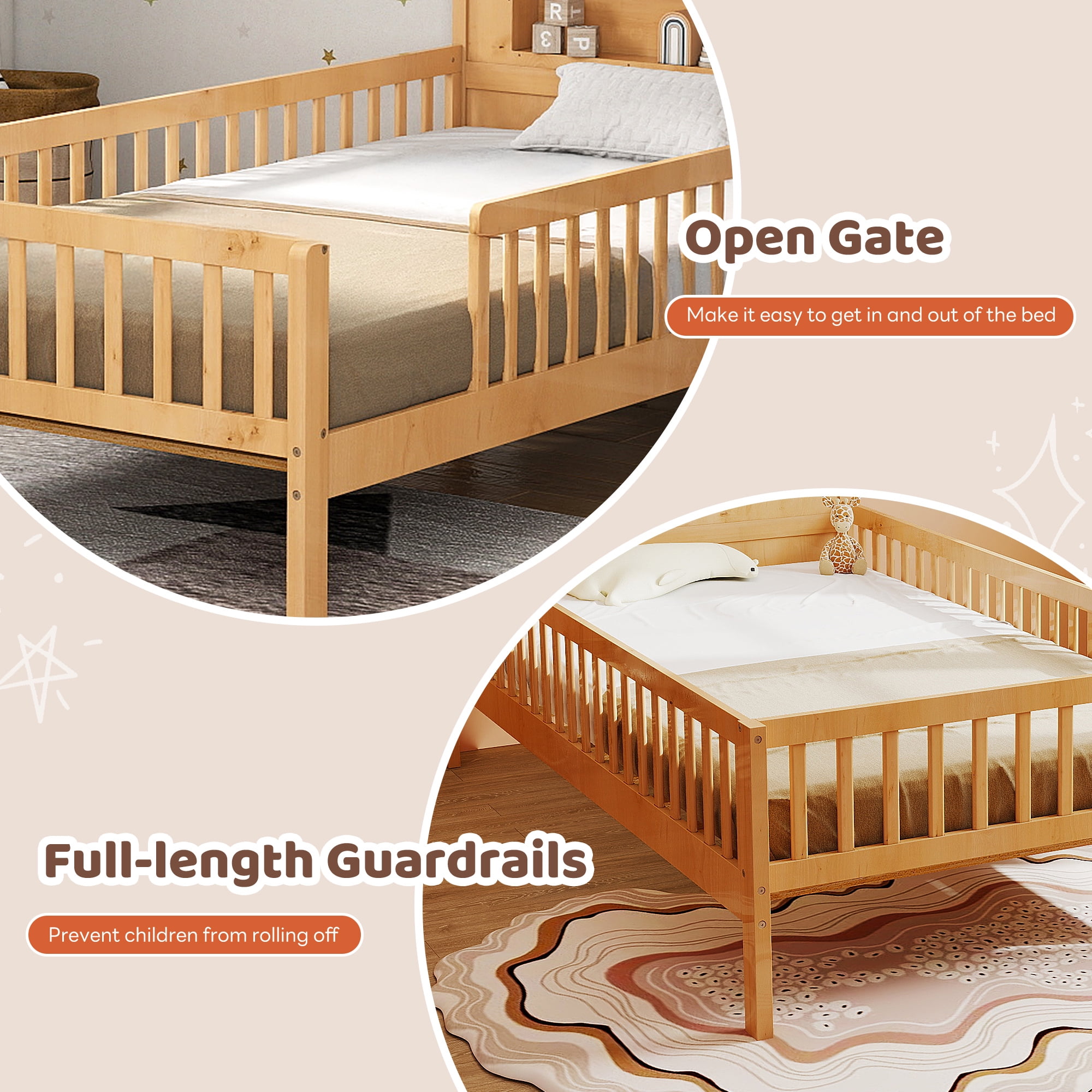 Twin Size Bed Frame with Storage- Twin Bed Frame with Solid Wood House Headboard & Safety Guardrails, No Box Spring Needed