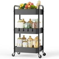 3 Tier Rolling Utility Cart, Metal Trolley Cart with Wheels, Hooks, Easy Assembly Organizer Storage Cart for Bathroom, Kitchen, Office, Bedroom(Black)
