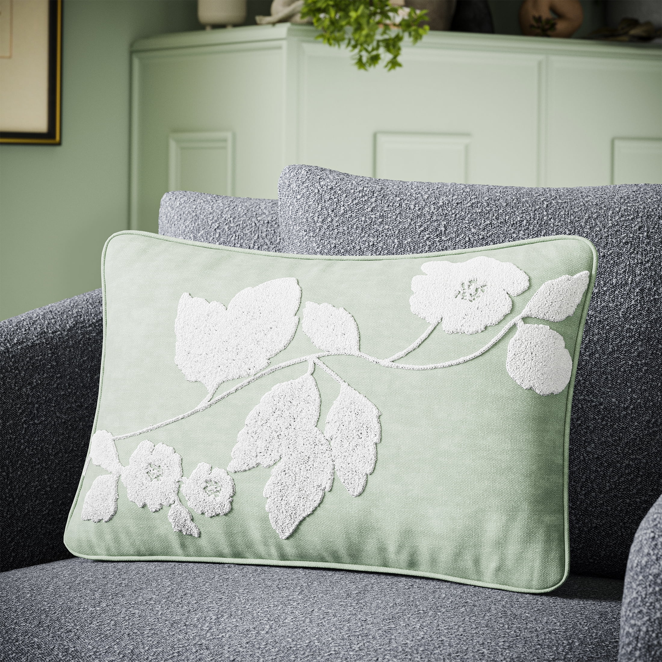 (2 pack) Beautiful Boucle Embroidered Floral Decorative Pillow by Drew Barrymore, 14" x 20", Sage