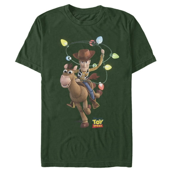 Men's Toy Story Christmas Light Woody Lasso Graphic Tee Dark Green Large