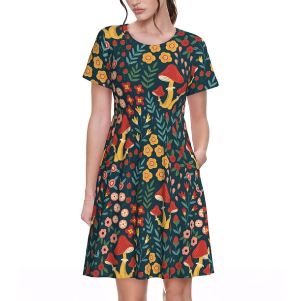 Balery Mushrooms And Flowers Vestidos sueltos de manga corta para mujer, vestidos de verano 2025, vestidos casuales de corte A con vuelo.