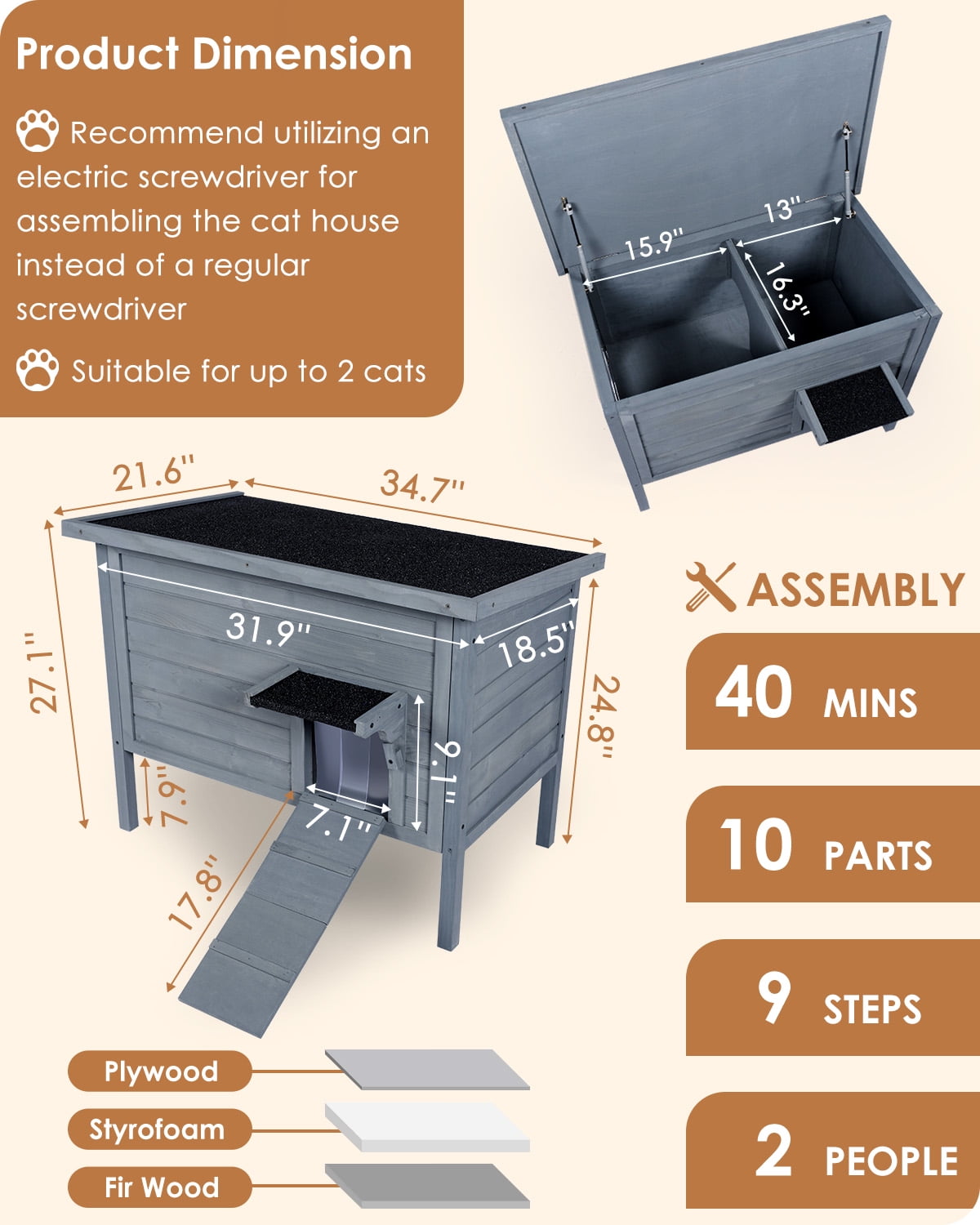 FURRYFECTION Outdoor-Cat-House-Insulated, Large Wooden Pet House for Multiple Cats with fold-up Stair & Acrylic Side Window