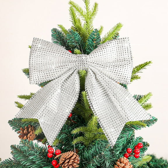Fnochy Christmas Bows Decoration, 10 Inch Bow Wreaths Xmas Tie Bows Wreath, Ornament Garland Ribbon DIY Crafts for Christmas Tree Home Wedding Indoor Outdoor Party Decor (Silver)