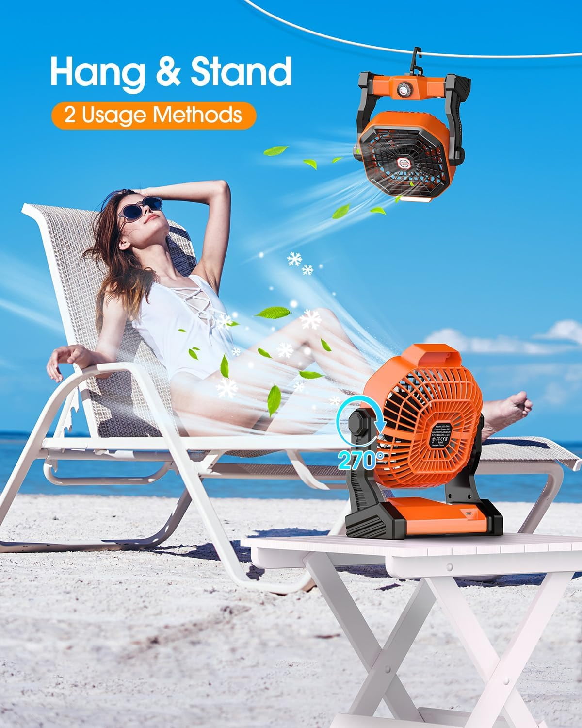 20000mAh Solar Camping Fan, 10W Solar Powered Fans with Solar Panel, Rechargeable Fan & Led Lantern, Battery Operated Powered Outdoor Tent Fans for Camping Summer Essentials (Orange)