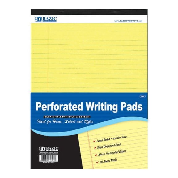 BAZIC 50 Ct. 8.5" X 11.75" Canary Perforated Writing Pad