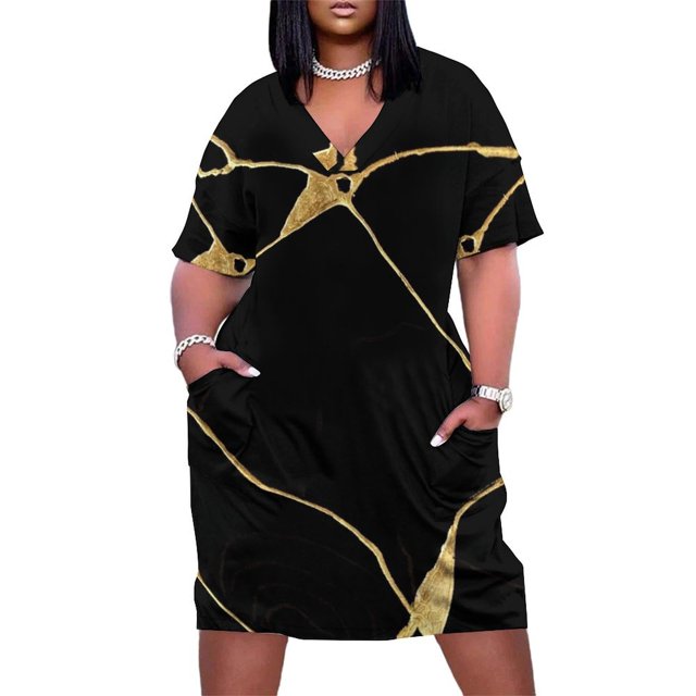 Kintsugi-vestido holgado con bolsillos para mujer traje largo japonés con estampado artístico en negro y dorado ropa elegante de verano