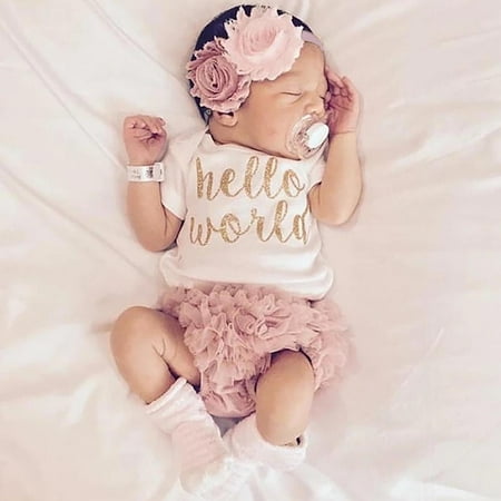 

Newborn Baby Girls Clothes Hello World Romper +Tutu Short Pants +Headband Outfit Set 6-12 Months