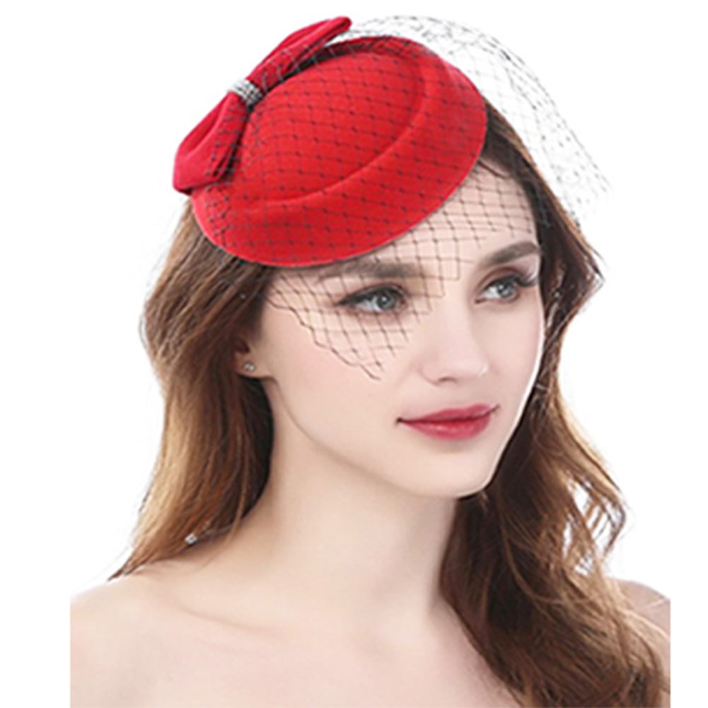 Fascinator Hat for Women Wooll Pillbox Hat with Veil Bow Ladies Party Headwear