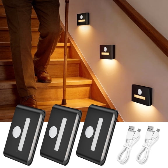 Motion Sensor Stair Lights with Dual Independent Lights – Rechargeable Wireless Night Lights, 3 Color Temperatures & Dimmable for Stairs, Hallway, Closet, Cabinet, Bedroom (3 Pack)