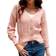 thumbnail image 1 of Suéter de punto rosa con botones y aberturas para mujer, estilo informal, talla S, cárdigan con cuello en V y mangas abullonadas, 1 of 7