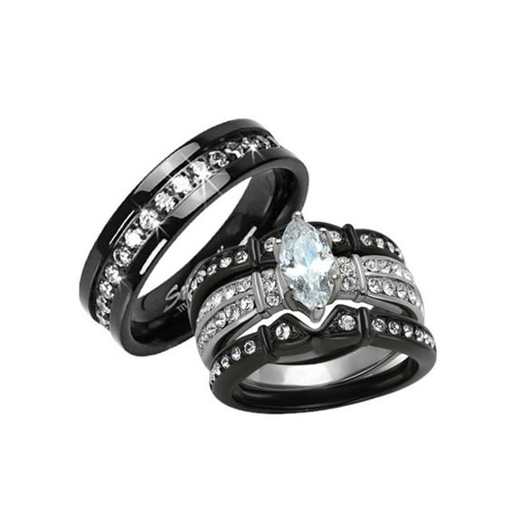 HIS HERS 4 PC BLACK STAINLESS STEEL & TITANIUM WEDDING ENGAGEMENT RING Band SET Size Women's 10 Men's 12