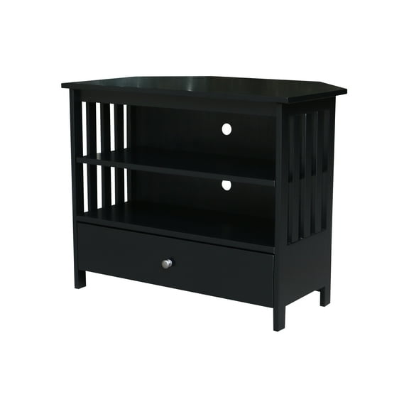 Solid Wood TV Stand with Shelves and Drawer in Black - 28.9" Height