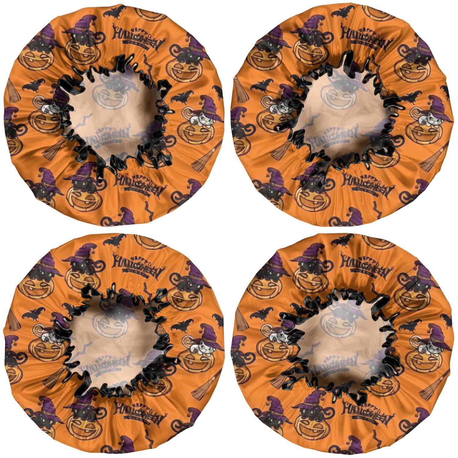Shower Caps,Halloween Pumpkin Witches Pattern Waterproof Shower Cap for Women 4 Pieces,Double Reusable Hair Cover for Shower PEVA Elastic Stretch Hem