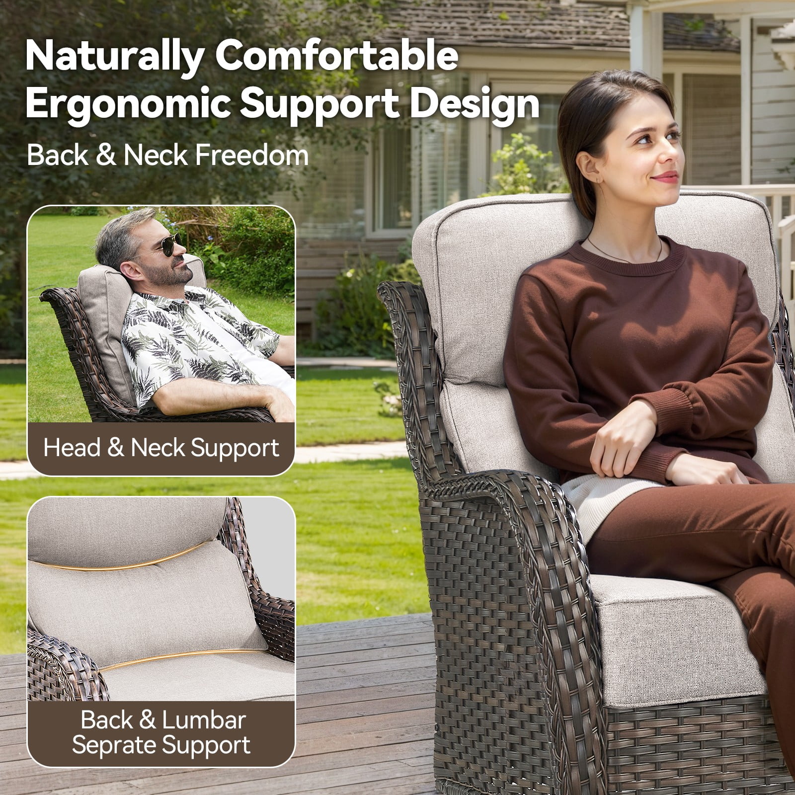 Gymojoy 3 Pieces Patio Furniture Set, Outdoor Swivel Glider Rocker, Wicker Patio Bistro Set with Rocking Chair, 6-inch Thick Cushions and Side Table for Porch