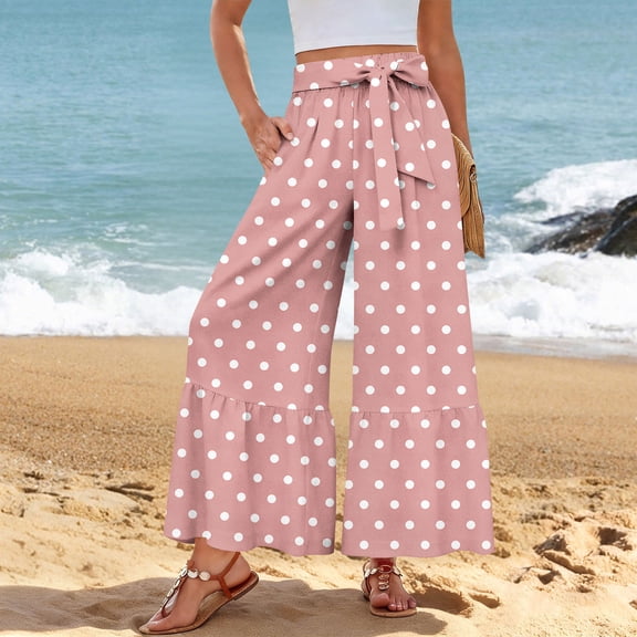 Wide Leg Pants Woman with Ties High Waisted Ruffle Hem Palazzo Pants Casual Flowy Beach Pants Culottes with Pockets Light pink M
