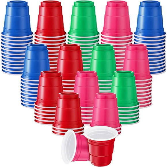 200 Pcs 2 oz Plastic Shot Glasses Disposable Shot Cups Colored Mini Summer Party Cups for Drinking Tasting Serving Snacks Samples Birthday Party Supplies, Red Pink Green Blue