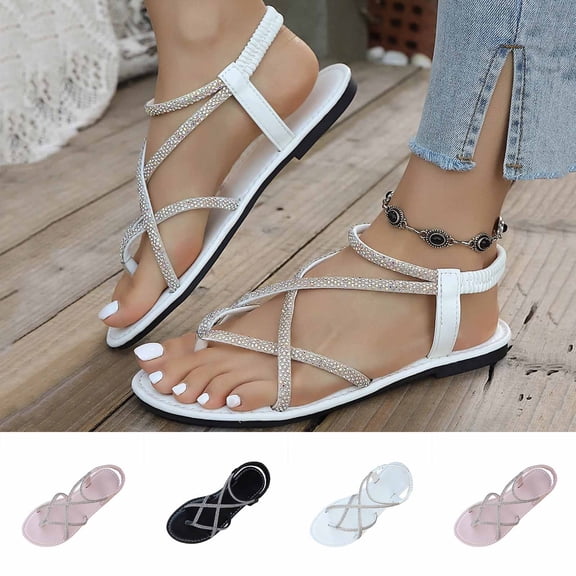 Women's Rhinestone Flat Sandals, Wide Width Crisscross Summer Sandals for Women, Elastic Back Strap Walking Shoes, Non-Slip Beach Flip Flops