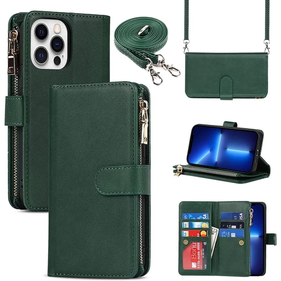 iPhone 13 Pro Max Phone Case Wallet for Women Men with Card Holder, iPhone 13 Pro Max Crossbody Case with Strap Shoulder Lanyard, Zipper Pocket PU Leather Cases,6.7 Inch Dark Green