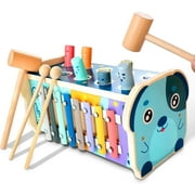Wooden Hammer Toy, 3-in-1  Montessori Early Development Toy with Pounding Bench, Number Sorting Maze, Xylophone, Wooden Pounding Toy for Kids