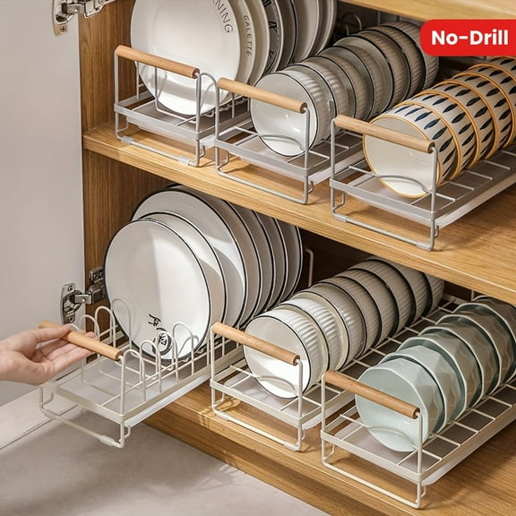 Non-Perforated Drain Dish Rack with Heavy-Duty Pull-Out Drawer - Space-Saving Kitchen Cabinet Organizer for Plates