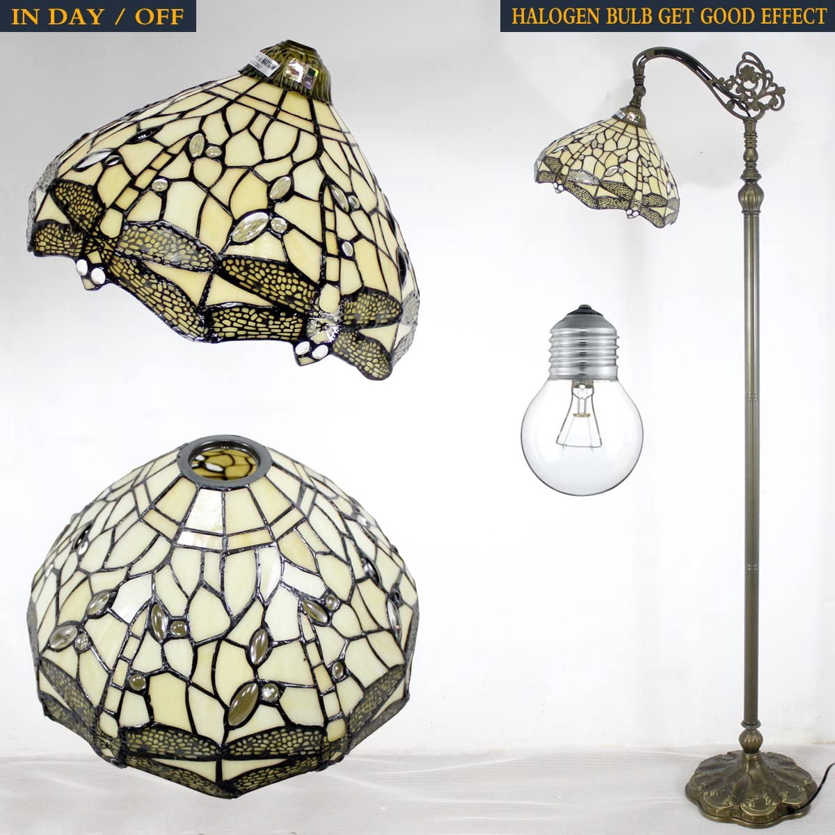 Tiffany Style Reading Floor Lamp Lighting W12H64 Inch 1E26 Cream Stained Glass Crystal Dragonfly Shade Antique Arched Resin Base Foot Switch Easy Assemble S139 LAMPS Lover Home Decoration