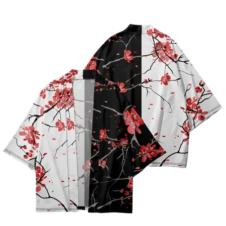 Traditional Japanese Clothing Kimono Men‘s and Women‘s Haori Cardigan Red Printed Yukata Black and White Beach Cardigan