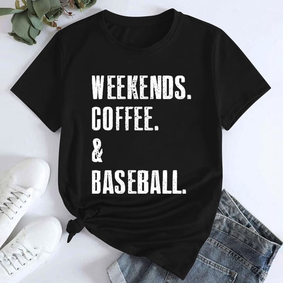 Womens Weekends Coffee Baseball T Shirt Letter Print Short Sleeve Crew Neck Casual Sports Mom Tee Tops