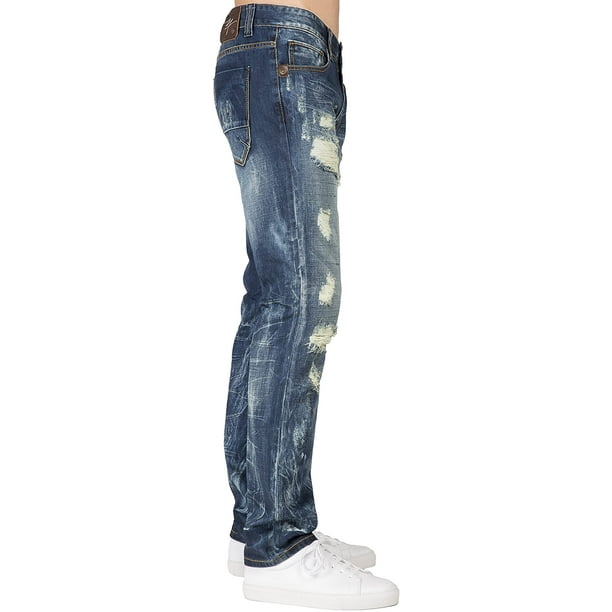 Level 7 Mens Acid Washed Light Blue Oil Stain Premium Denim Jeans