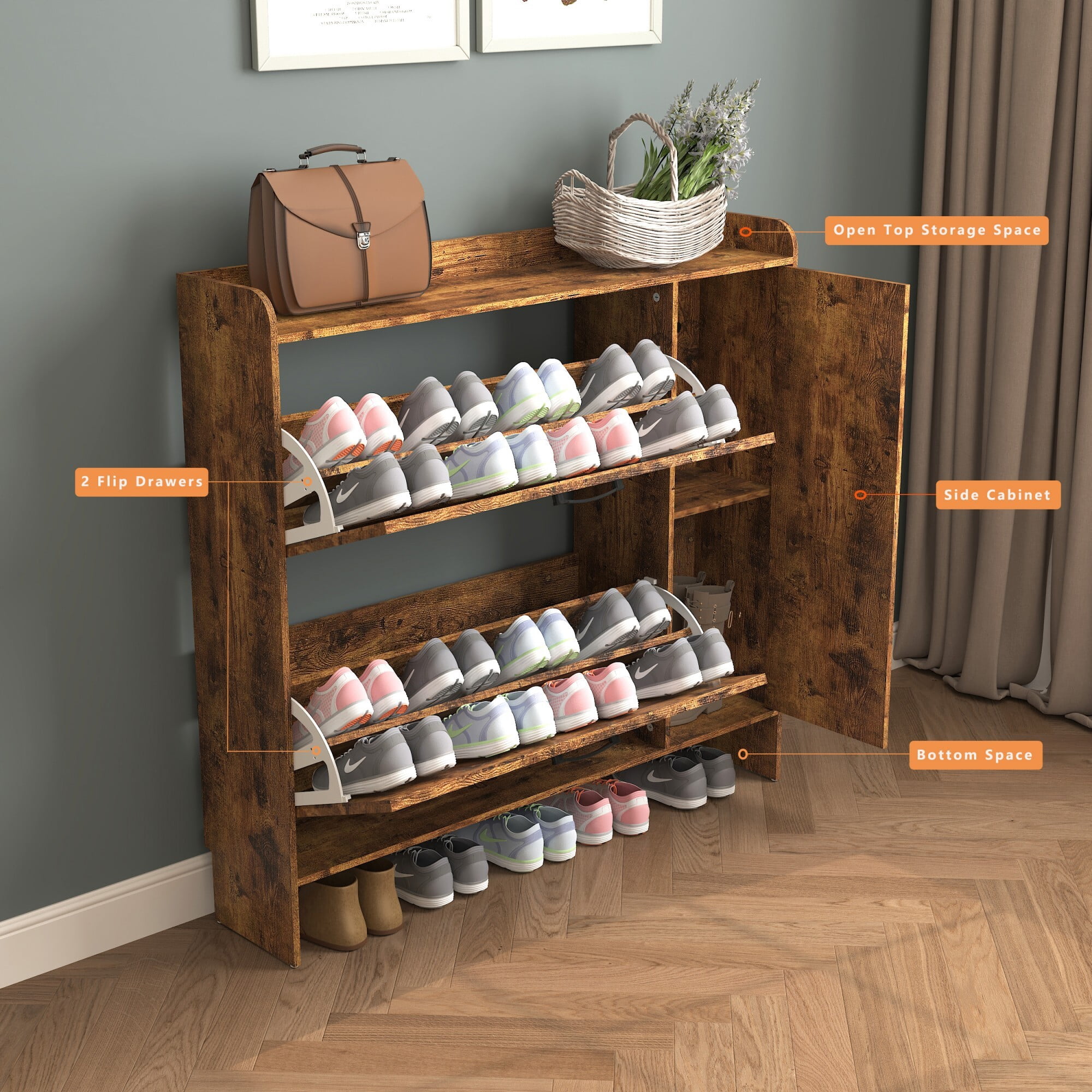 AENKYO Twin Size Bed Frame with 4 Storage Drawers, LED Lights, Charging Station Headboard, Rustic Brown