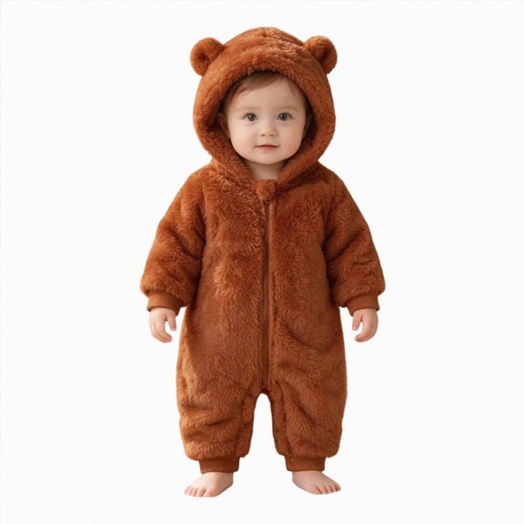 6-9 Months Baby Boys Girls Jumpsuit Fuzzy Fleece Bear Hooded Zip Up Footed