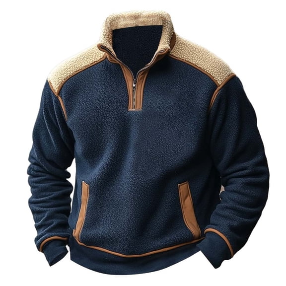 Mens Sweatshirt Vintage Colorblock Stand Collar Zip Hoodless Pullover for Winter