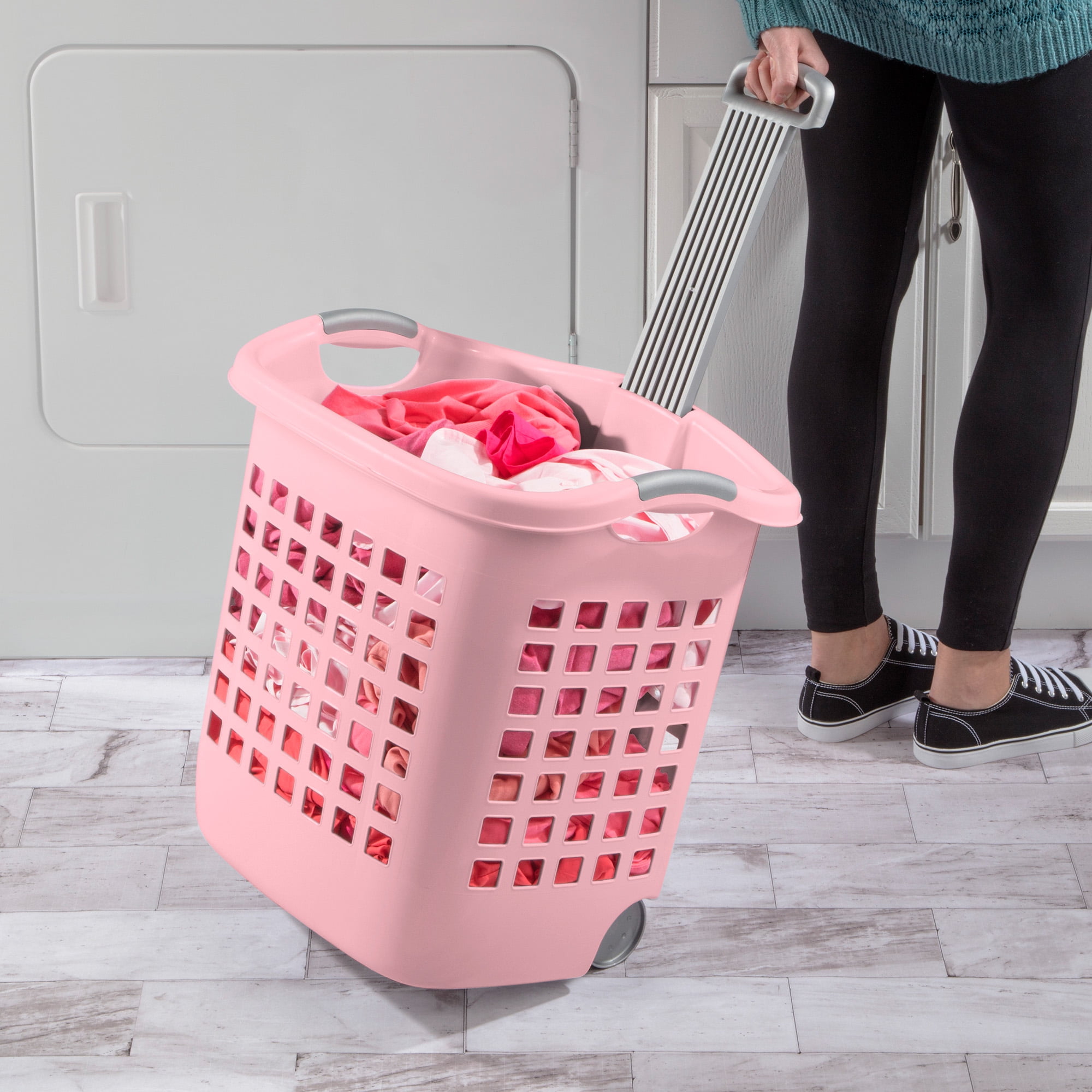 Sterilite Ultra Wheeled Laundry Basket, 1.7 Bushel with Handles, Pink Frost, 4 Pack