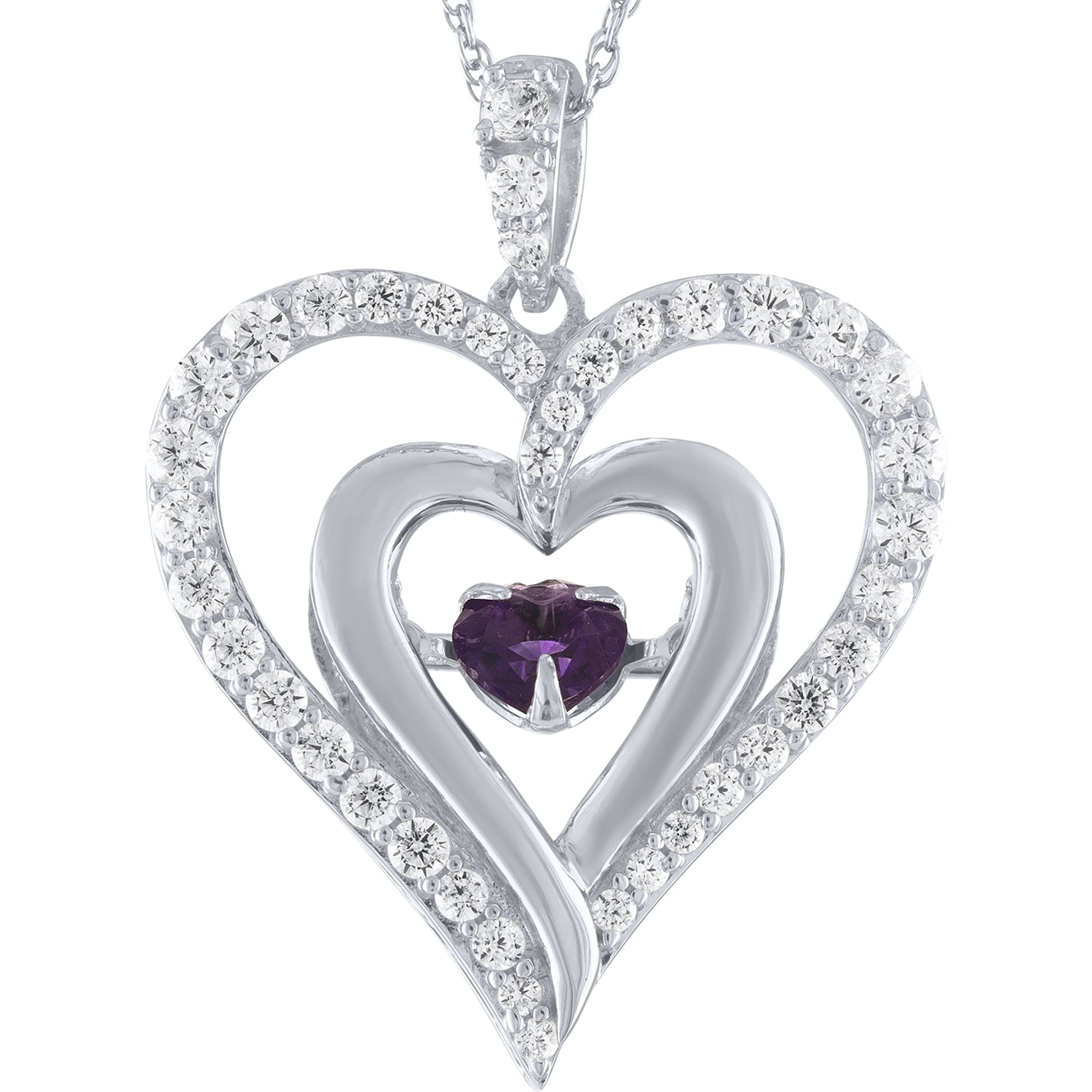 Brilliance Fine Jewelry Amethyst and CZ Moving Heart Pendant in Sterling  Silver with Chain, 18