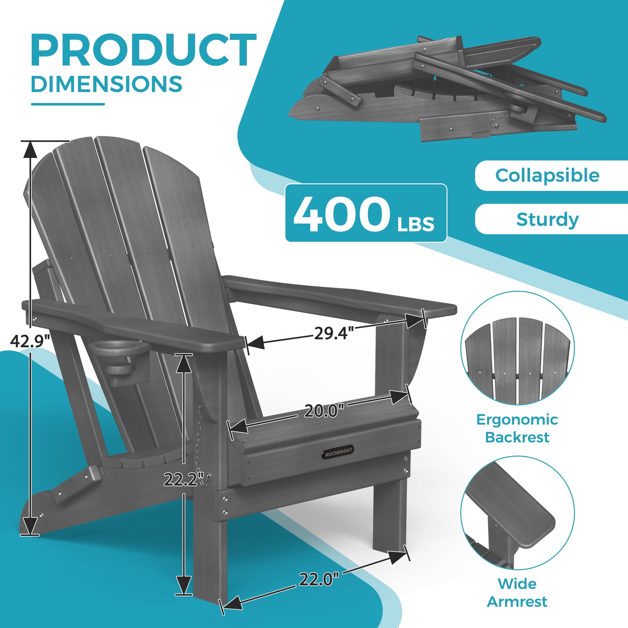 Folding Adirondack Chair Outdoor Fire Pit Chairs with Cup Holder Patio Poolside Garden Gray