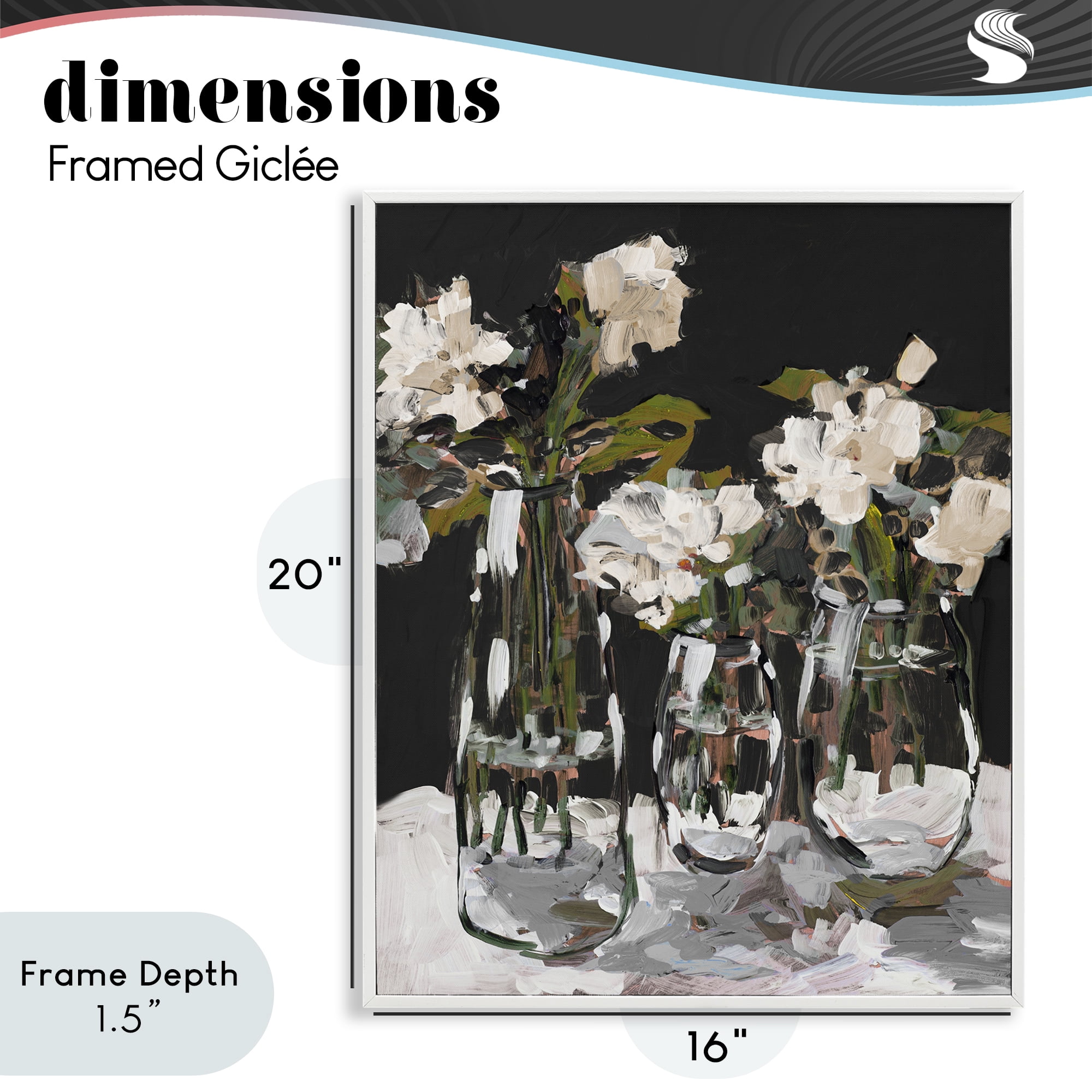 Stupell Industries Three Flower Vases on Black White Framed Giclee Art, design by Jane Slivka