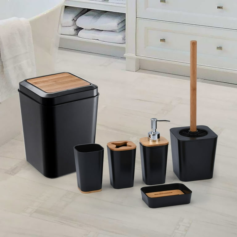 KRALIX Bathroom Set 6 Pieces Black Plastic/Bamboo Bathroom Accessories