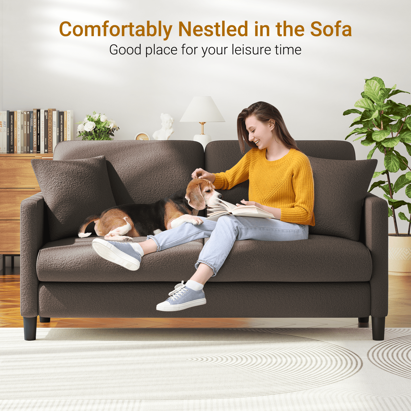 Neche 65" Sofa Couch for Living Room Office Small Space, Comfy Loveseat in a Box, Brown