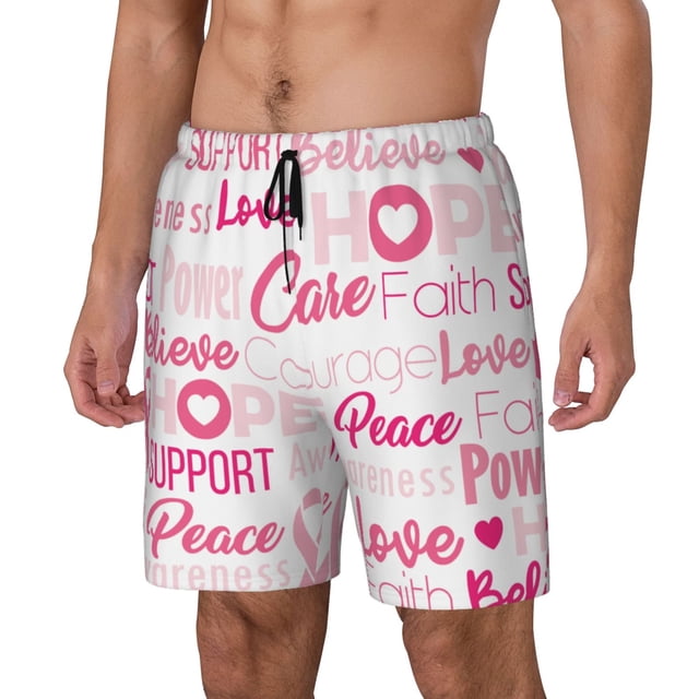 Kdxio Breast Cancer Pink Ribbons Awareness (2) Print Mens Swim Shorts with Mesh Lining, Breathable and Quick-Drying, Adjustable Waist, Privacy Pocket-Small