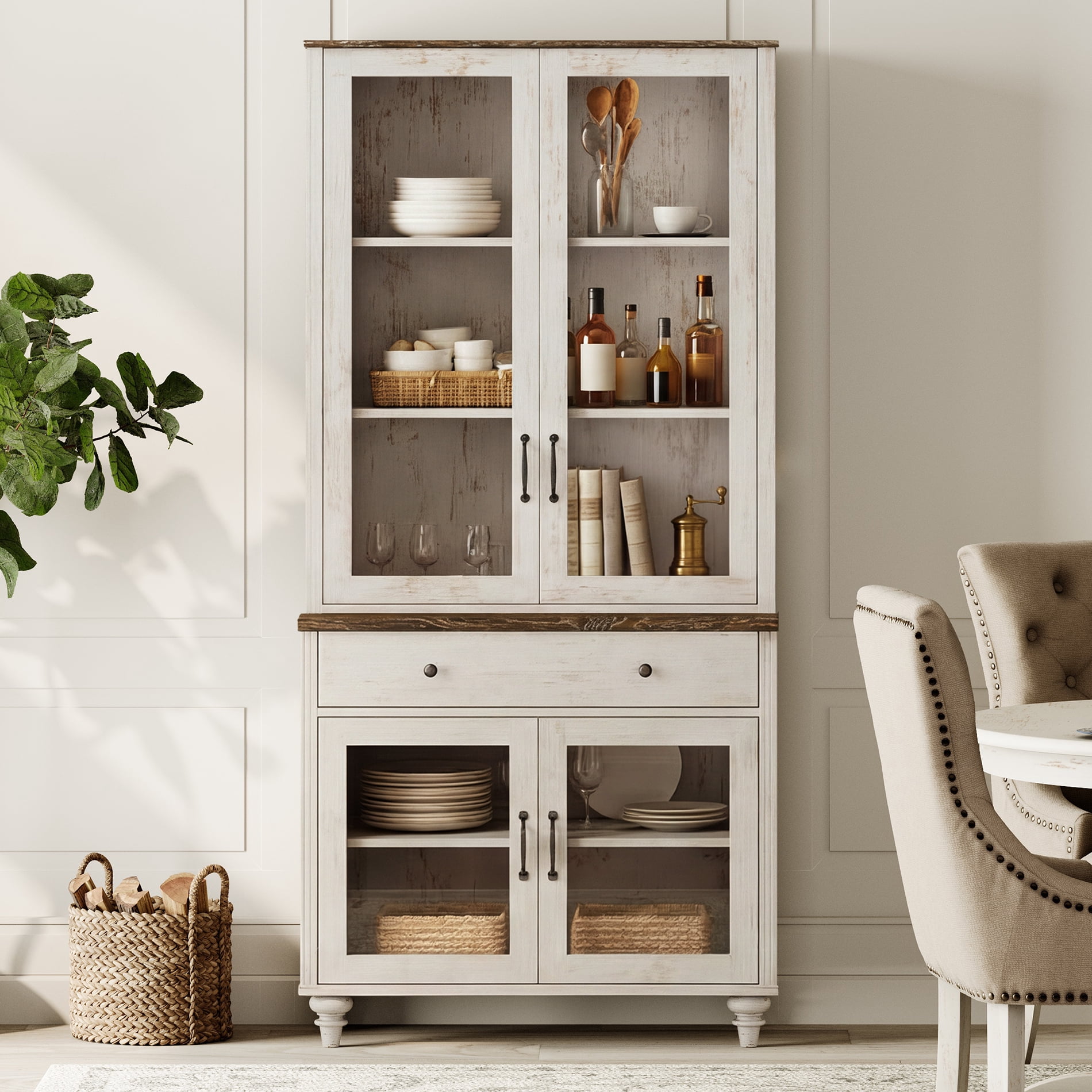 72.1"H × 33.9"W Farmhouse Wooden Bookcase with Glass Doors and Drawer, Large Storage Bookshelf for Living Room, Bedroom, Home Office & Kitchen, Rustic white