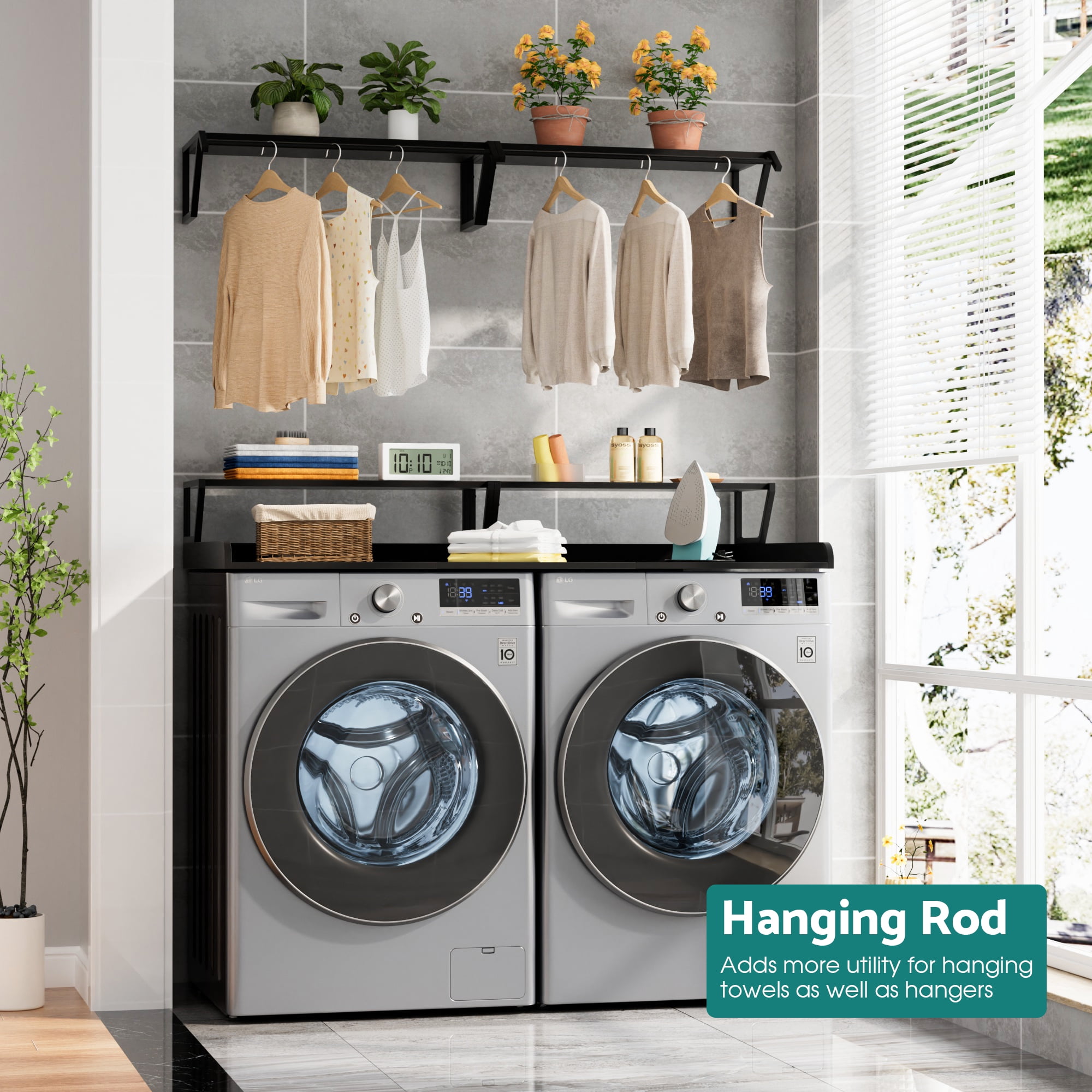 Advwin 54" Washer Dryer Countertop with Hanging Rod & Storage Shelves, Laundry Room Countertop Set, Washer and Dryer Topper with Anti-Slip Pads, Black