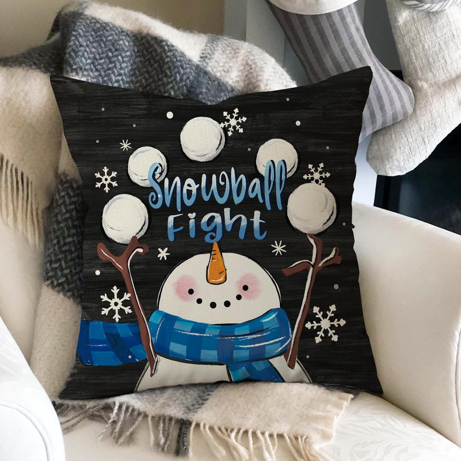 Warm Winter Wishes Decorative Throw Pillow Covers 18x18 Set of 4, Snowman Truck Christmas Tree Blue Black Outdoor Pillowcase, Let It Snow Snowflake Holiday Farmhouse Cushion Case Home Decor