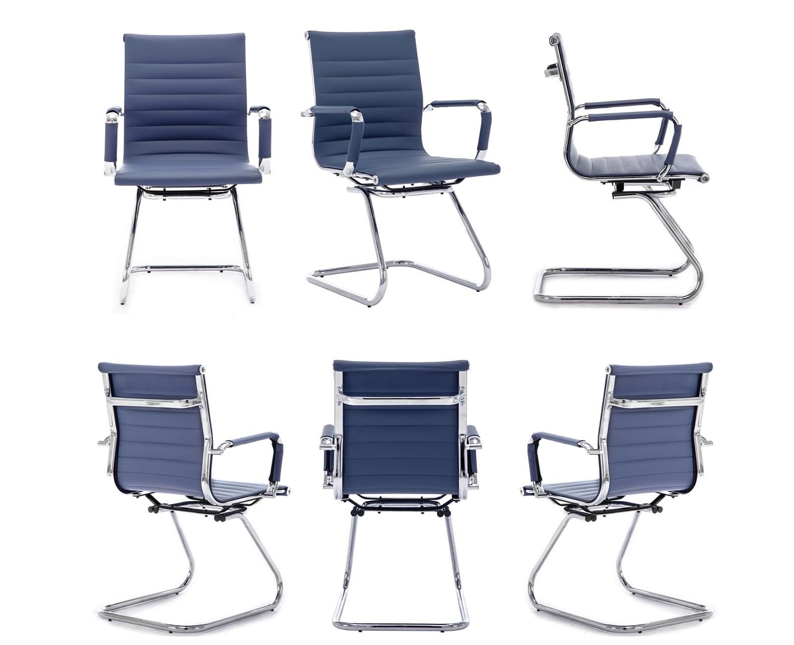 Guyou Modern Mid Back Office Guest Chair Set of 2, Faux Leather Reception Chair Computer Chair with Armrests and Metal Sled Base for Meeting/Waiting/Conference Room, No Wheels, Blue