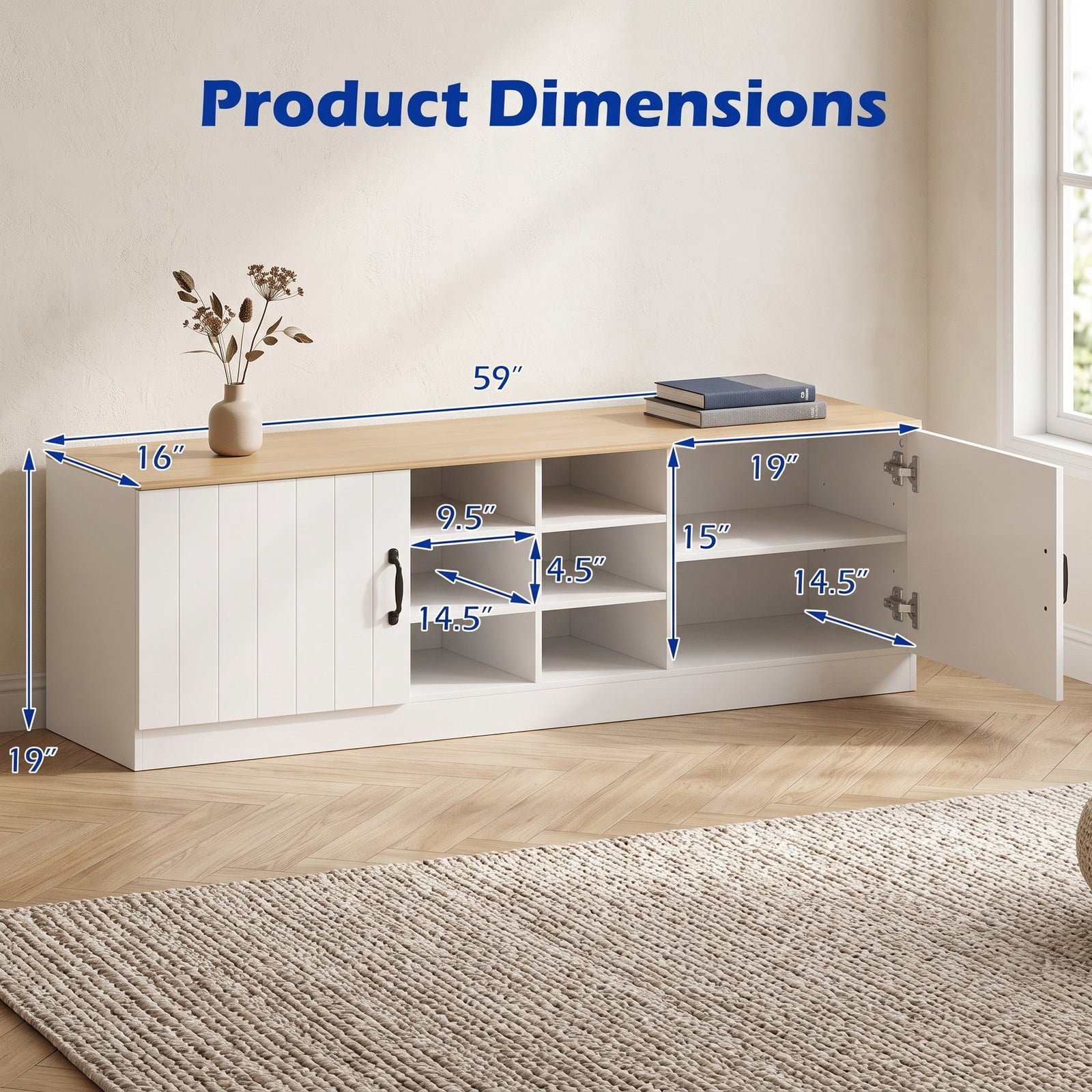 Furnibear 59 Inch 2-Door Shoe Bench Storage Cabinet with 6 Compartments and Adjustable Shelves for Entryway and Hallway, Natural
