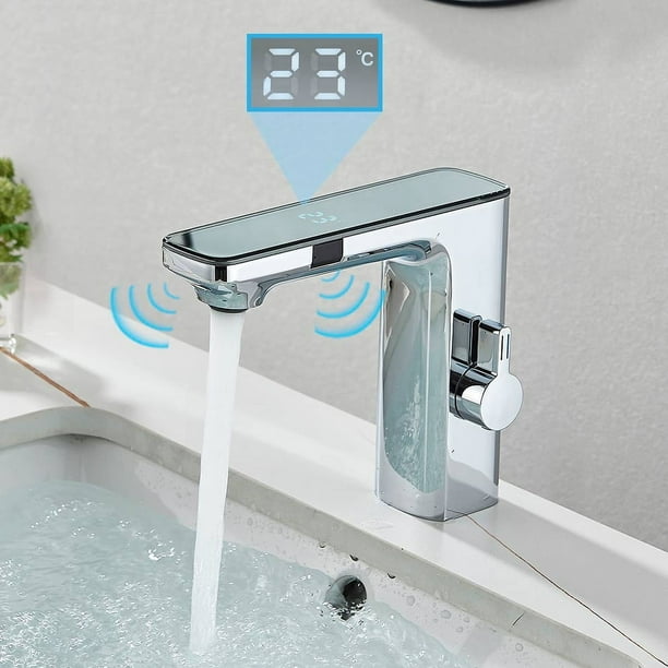 Uythner-grifo de lavabo con Sensor LCD inteligente, pantalla de visualización Digital, grifo mezclador de agua fría y caliente, grifo sin contacto para lavabo de baño