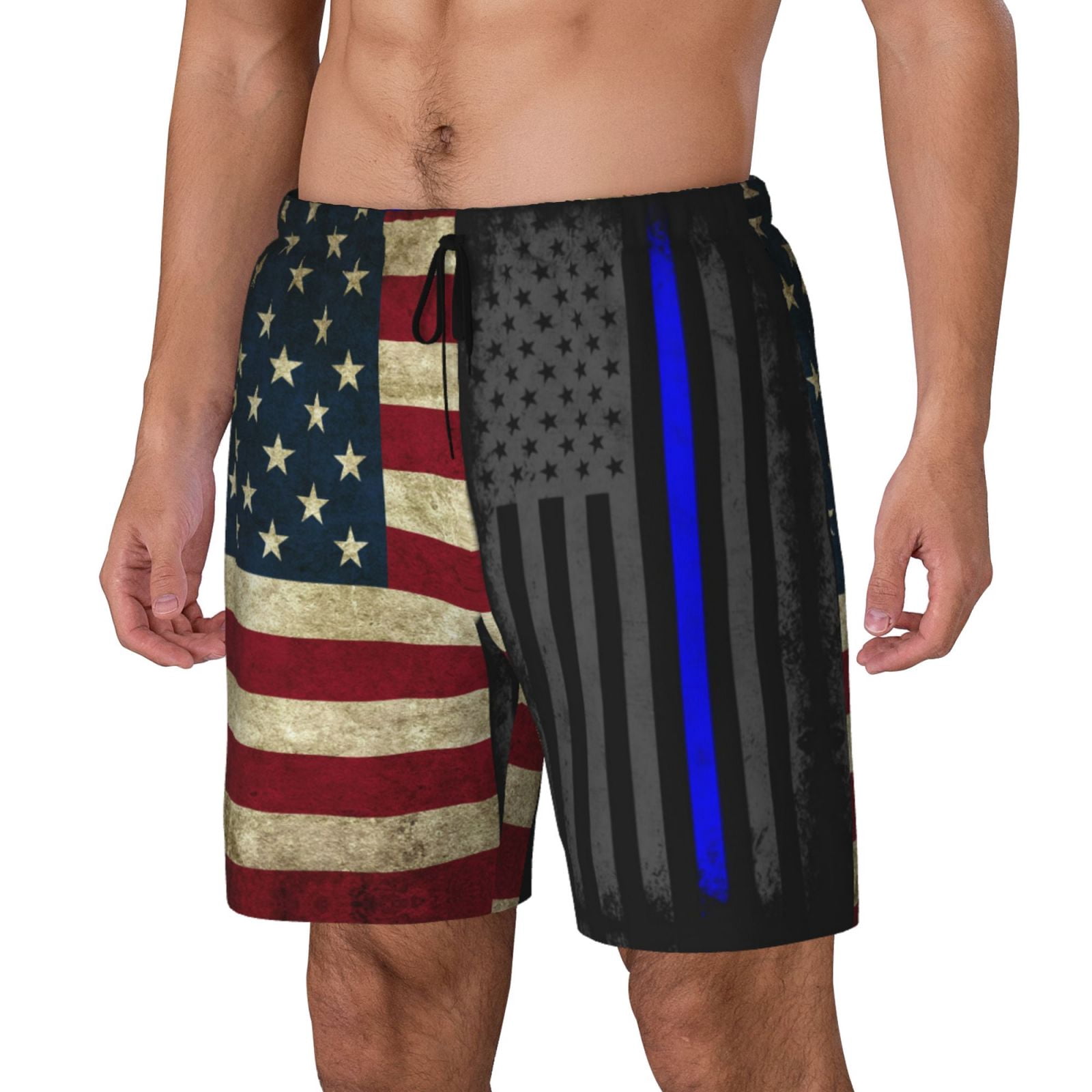 Men's America Thin Blue Line Flag Swim Trunks with Compression Liner Bathing Suit Swimwear