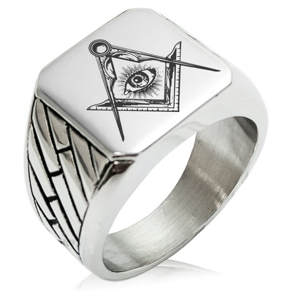 Tioneer Stainless Steel Freemasons Masonic Sacred Society Geometric Pattern Biker Style Polished Ring